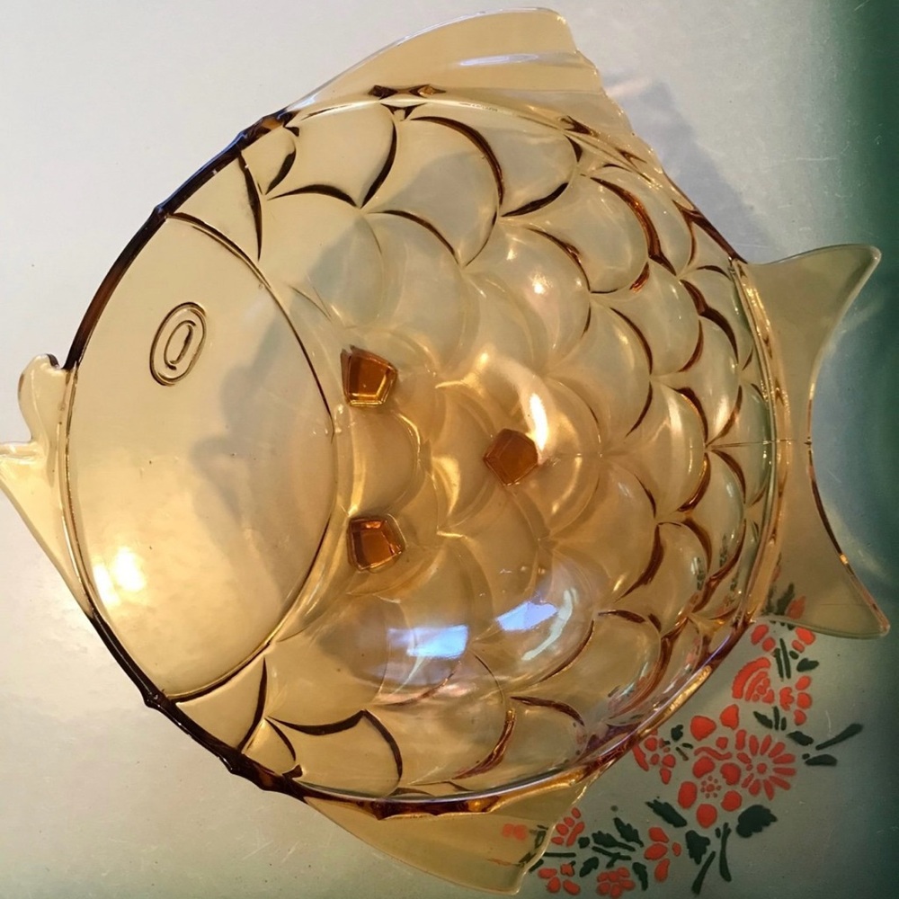 Vintage Bagley ~ Davidson ~ Sowerby England Amber Fish-Shaped Bowl Art Deco